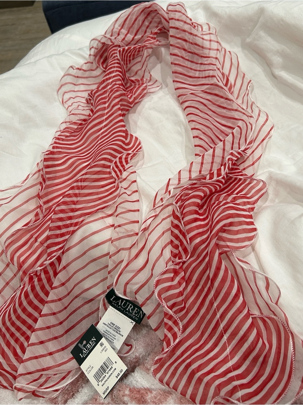 Lauren Ralph Lauren Red & White Striped Ruffle Lightweight Scarf